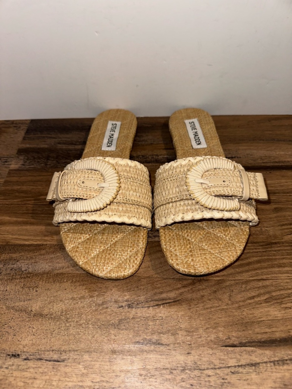 Steve Madden Merla Natural Raffia Buckle Slide Sandals